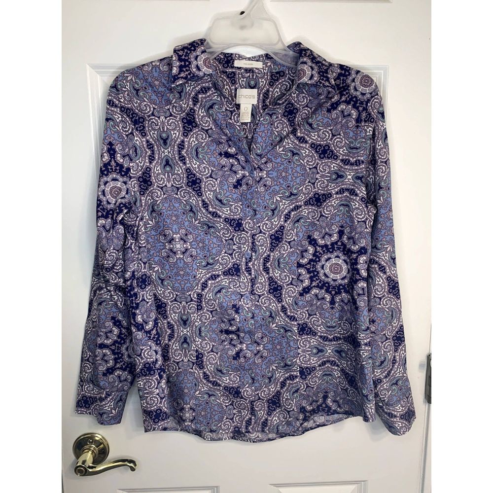 Chico's Intricate Purple Paisley Button Down No-Iron Blouse Top Size 0 (Small)